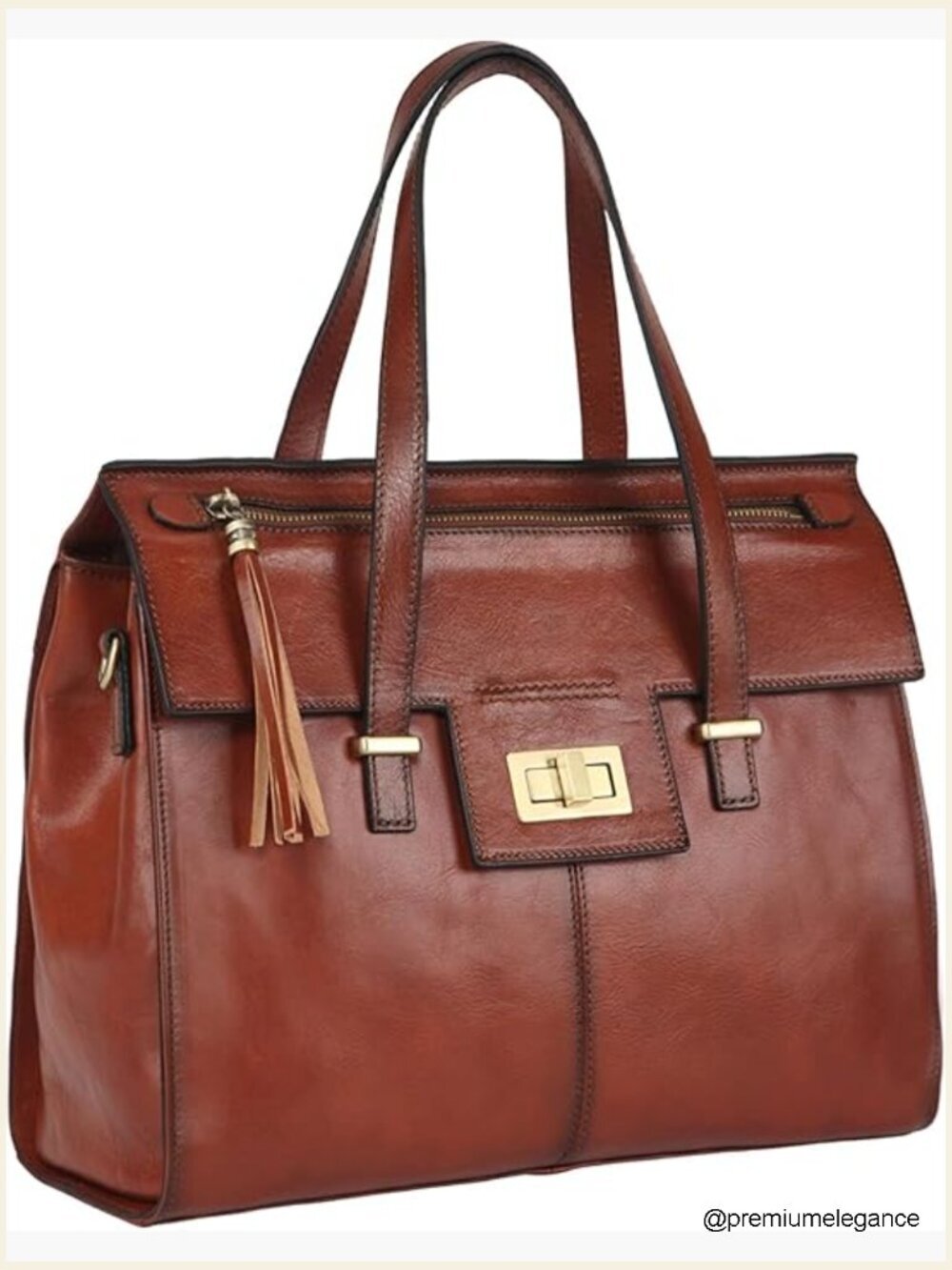 Italian Full Grain Leather Satchel with Tassel and Turn Lock, Fits iPad